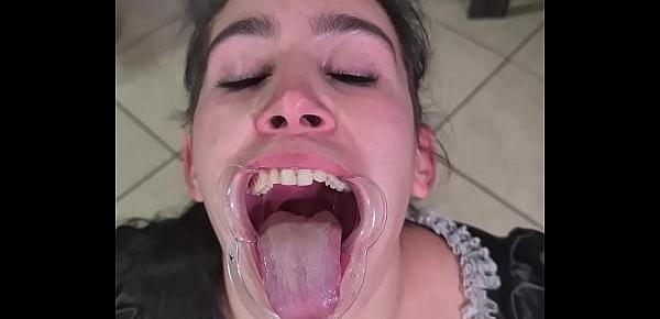  French maid tries to drink her own piss with a lip retractor | funny